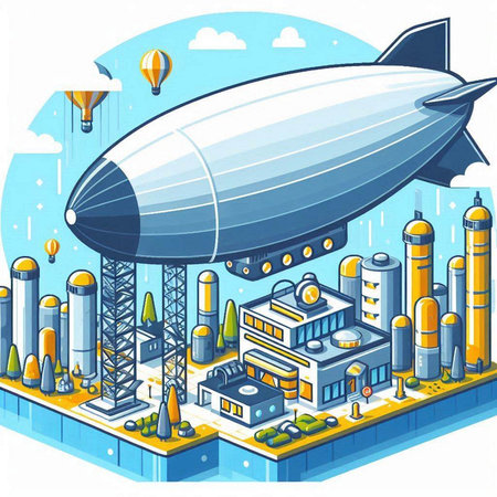 Airship in the city. Vector illustration of a cartoon style.のイラスト素材