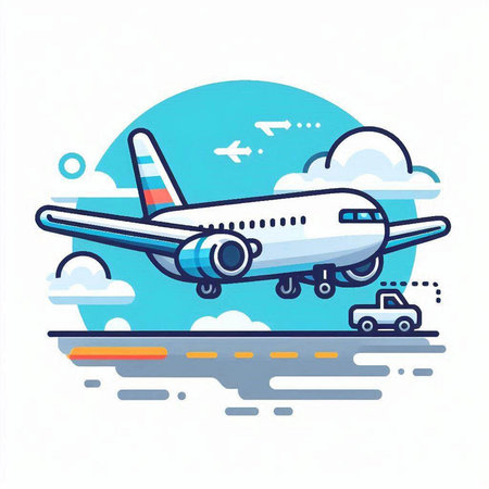 Airplane on the road. Vector illustration in flat linear style.のイラスト素材