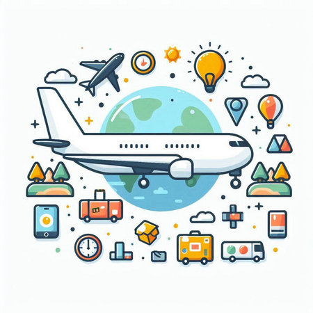 Airplane flying around the world. Travel and tourism. Vector illustrationのイラスト素材