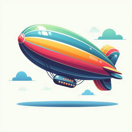 Vector illustration of a colorful airship in the sky with clouds.のイラスト素材