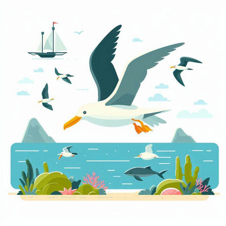 Seagulls and seagulls on the seashore. Vector illustrationのイラスト素材