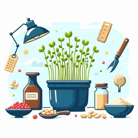 Gardening tools set. Microgreens in a pot. Vector illustration.のイラスト素材