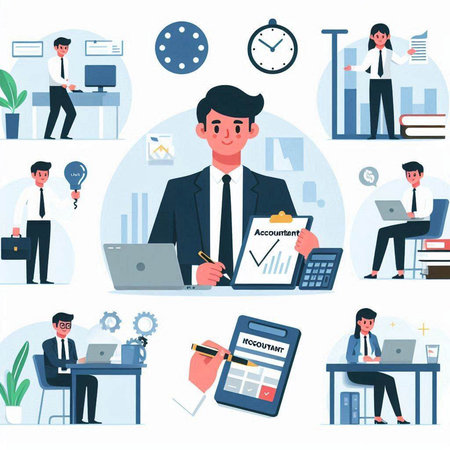 Set of business people working at office. Office life. Flat vector illustrationのイラスト素材