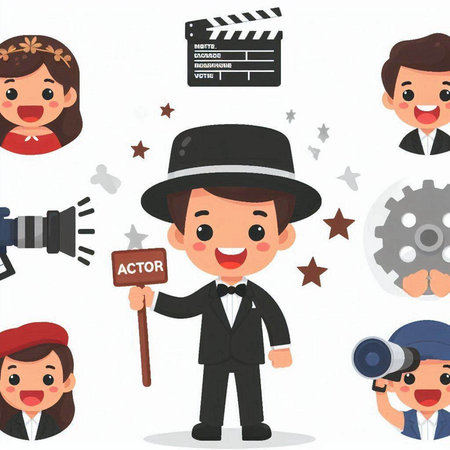 Cinema set with actors, cameraman and actress. Vector illustrationのイラスト素材