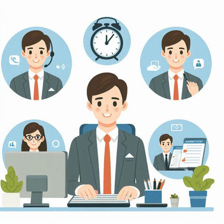 Businessman working in the office. Vector illustration in flat style.のイラスト素材