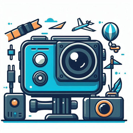 Vector illustration of a vintage camera with various objects on white background.のイラスト素材