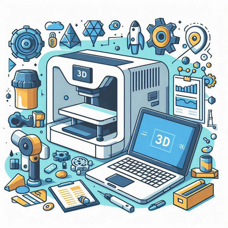 Vector illustration of 3d printer, laptop, mobile phone and other equipment.のイラスト素材