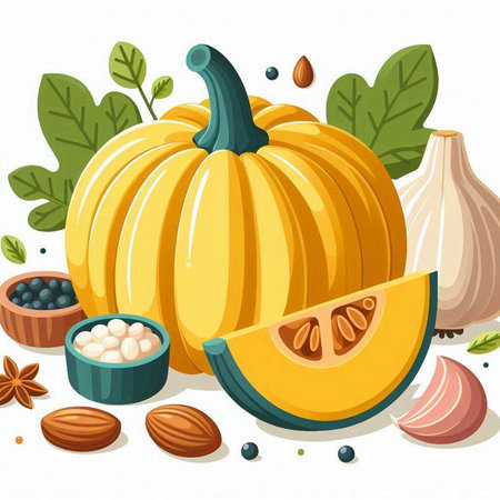 Pumpkin and ingredients for cooking. Vector illustration on white background.のイラスト素材