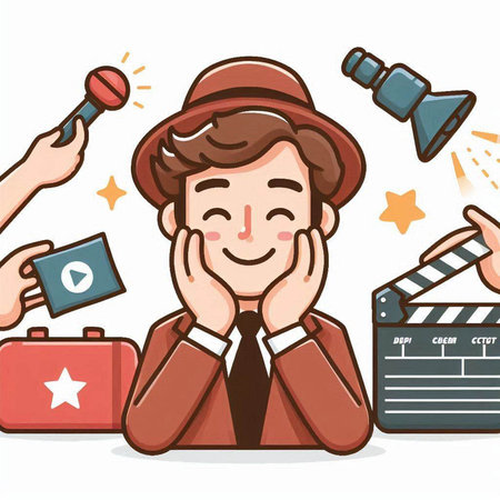 Cinema man with camera and clapperboard. Vector illustration.のイラスト素材