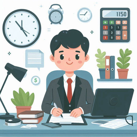 Businessman working in office. Vector illustration in flat cartoon style.のイラスト素材