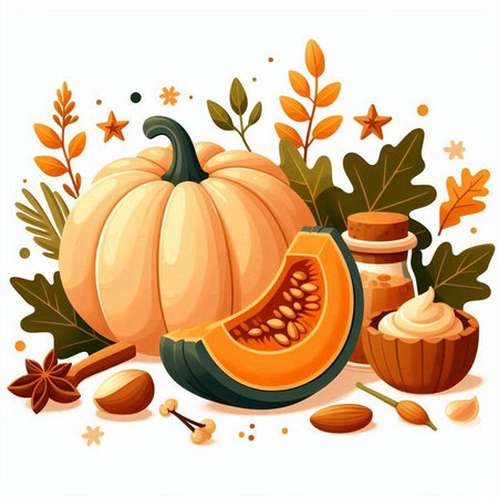 Autumn background with pumpkins, nuts and spices. Vector illustration.のイラスト素材