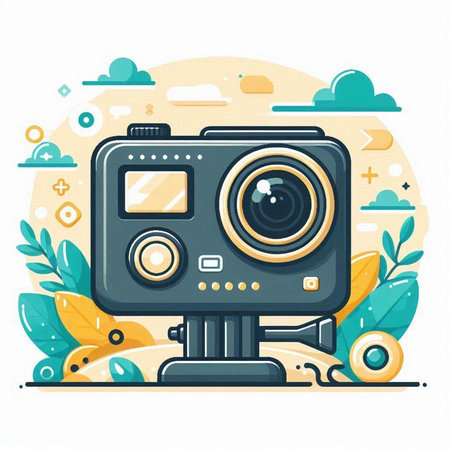 Retro camera on the background of nature. Flat vector illustration.のイラスト素材