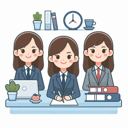 Business woman working in the office with laptop and documents, vector illustration.のイラスト素材