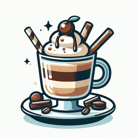 Coffee cup with whipped cream and coffee beans. Vector illustration.のイラスト素材