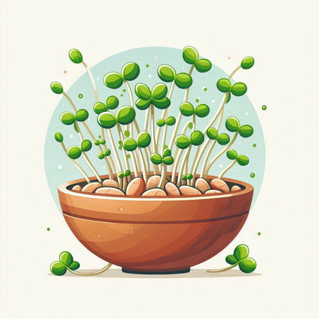Microgreens in a pot on a light background. Vector illustration.のイラスト素材
