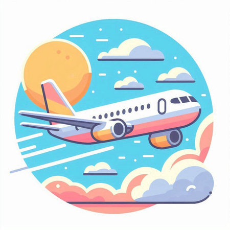 Airplane flying in the sky. Vector illustration in flat style.のイラスト素材