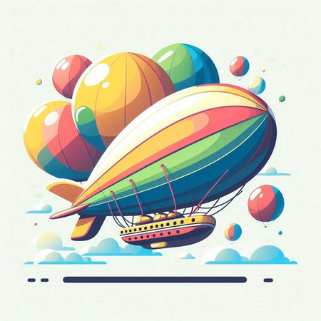Vector illustration of airship with colorful balloons flying in the sky.のイラスト素材