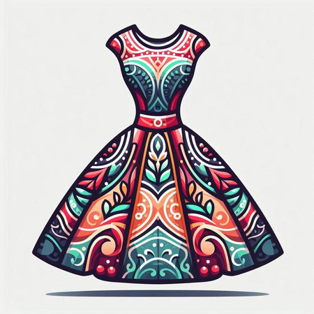 Fashion illustration of a beautiful dress with ornament. Vector illustration.のイラスト素材