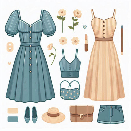 Vector set of women's clothing and accessories: dress, hat, bag, blouse, skirt.のイラスト素材
