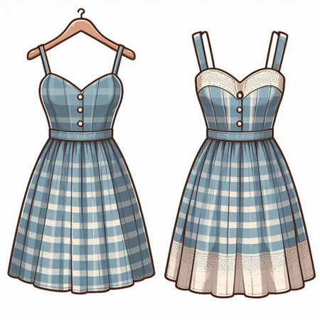 Illustration of a blue plaid dress with buttons on a white backgroundのイラスト素材