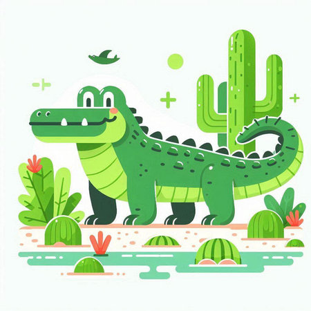 Cute cartoon crocodile with cactuses. Vector illustration.のイラスト素材