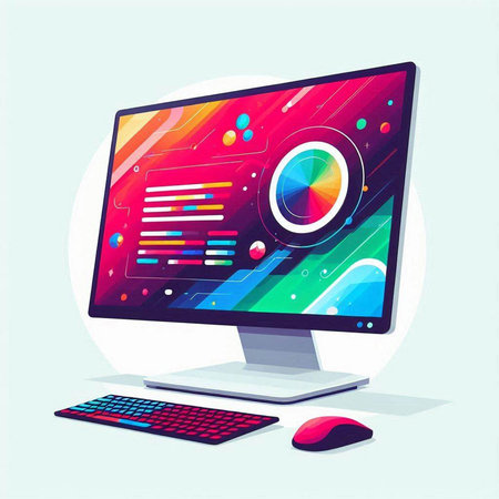 Vector illustration of modern computer with colorful screen. Colorful background.のイラスト素材