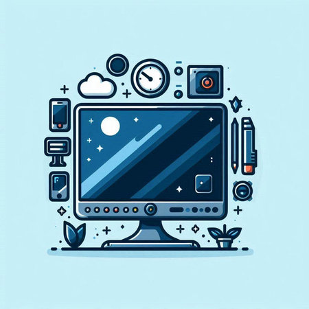 Vector illustration of modern flat line art design of desktop computer and electronic devices.のイラスト素材