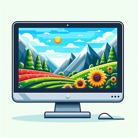 Computer monitor with nature landscape on screen. Vector illustration in flat styleのイラスト素材