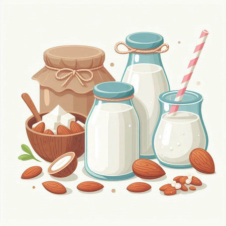 Illustration of a set of different types of milk with almonds and a strawのイラスト素材