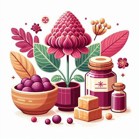Spa still life with flowers and essential oils. Vector illustration.のイラスト素材