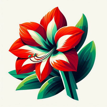 Beautiful red and white lily flower with green leaves. Vector illustration.のイラスト素材