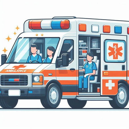 Ambulance car with medical staff. Vector illustration in cartoon styleのイラスト素材
