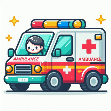 Ambulance car with driver. Vector illustration in cartoon style.のイラスト素材