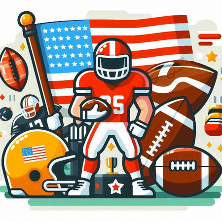 American football player with ball and helmet. Vector illustration in cartoon styleのイラスト素材