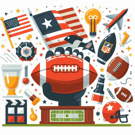 American football flat icons set. Football ball, american flag, trophy, cup, field, stadium, sport equipment. Vector illustrationのイラスト素材