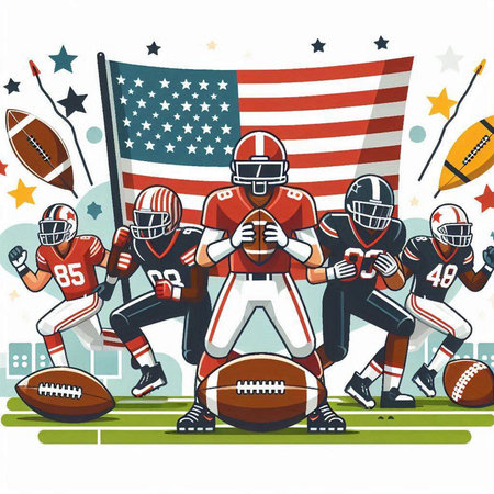 American football players with american flag in background. Vector illustration.のイラスト素材