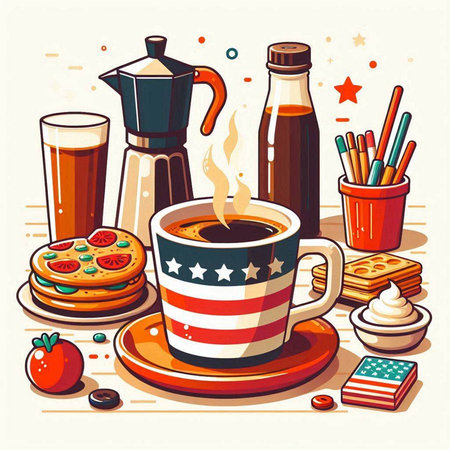 American breakfast. Vector illustration in flat style. Coffee cup, american flag, pizza, hot drink, crackers, coffee pot, moka pot, crayons.のイラスト素材