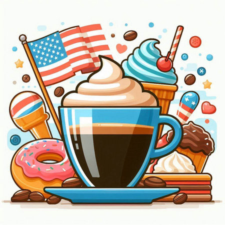 Coffee cup with american flag and sweets. Vector illustration.のイラスト素材