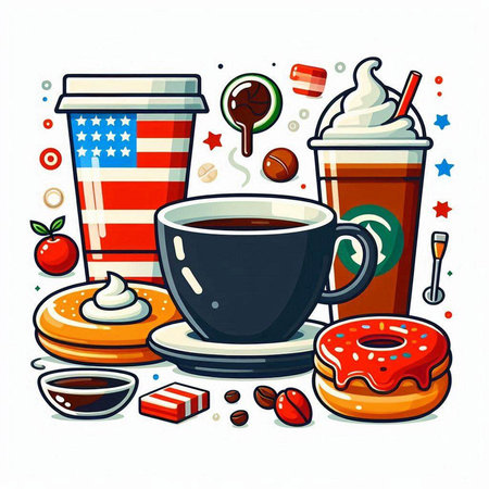 Coffee cup and donuts with american flag. Vector illustration.のイラスト素材