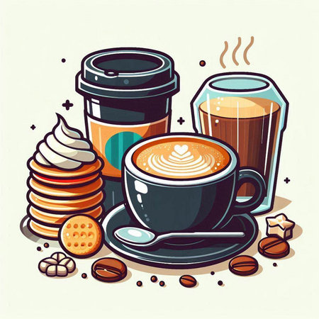 Coffee cup with latte art and cookies. Vector illustration.のイラスト素材