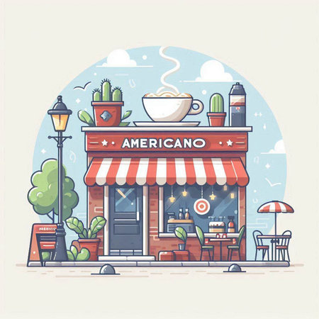 Vector illustration of a coffee shop with a cup of cappuccino.のイラスト素材