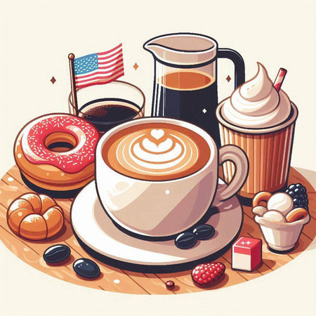 Coffee cup with american flag, donuts and coffee beansのイラスト素材