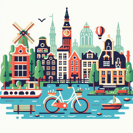 Amsterdam cityscape, Netherlands, Europe. Vector illustration in flat styleのイラスト素材