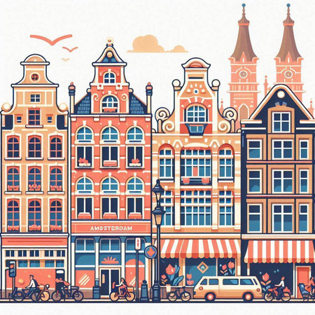 Amsterdam cityscape with old buildings, streets and people. Vector illustration.のイラスト素材