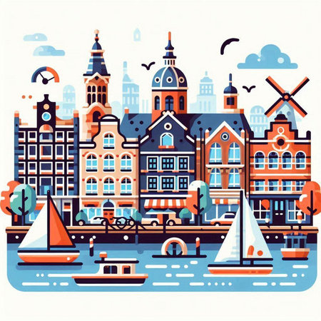 Amsterdam cityscape. Colorful vector illustration in flat style.のイラスト素材