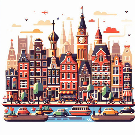 Amsterdam, Netherlands cityscape. Vector illustration in flat style.のイラスト素材