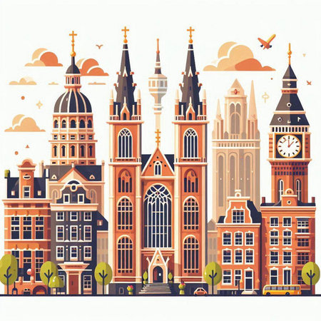 Cityscape of Amsterdam, Holland. Vector illustration in flat style.のイラスト素材