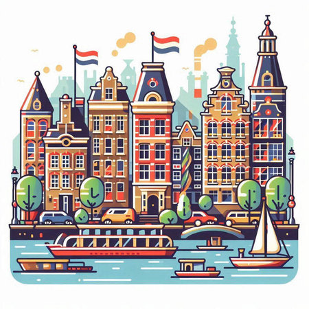 Amsterdam, Netherlands. Colorful hand drawn vector illustration in vintage style.のイラスト素材