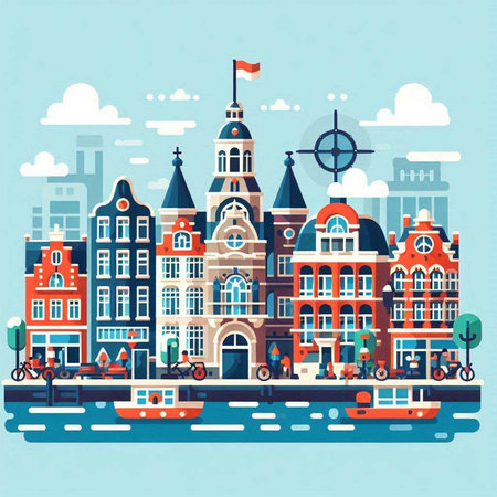 Amsterdam, Netherlands, Europe. Vector illustration. Flat design.のイラスト素材