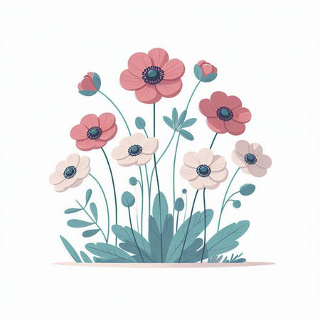 Beautiful pink anemone flowers. Hand drawn vector illustration.のイラスト素材